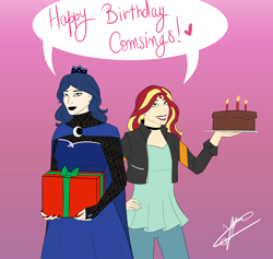 Size: 2616x2480 | Tagged: safe, artist:angelpony99, character:princess luna, character:sunset shimmer, species:human, birthday cake, cake, chocolate cake, duo, duo female, female, food, gift art, gift box, gradient, humanized, lace, lipstick, nail polish, pastel