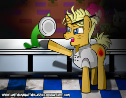 Size: 1600x1249 | Tagged: safe, artist:iamthemanwithglasses, character:gourmand ramsay, character:pinkie pie, character:rarity, gordon ramsay, kitchen nightmares, ponified, watermark