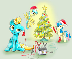 Size: 1024x839 | Tagged: safe, artist:modecom1, character:bon bon, character:lightning dust, character:sunshower raindrops, character:sweetie drops, 3:, christmas tree, clothing, cute, electricity, floppy ears, frown, grin, hat, hoof hold, jumper cables, new year, pointing, raised eyebrow, santa hat, sitting, smiling, socks, spread wings, squee, tree, unamused, wings