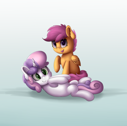 Size: 1936x1912 | Tagged: safe, artist:vanillaghosties, character:scootaloo, character:sweetie belle, cute, cutealoo, diasweetes, on back
