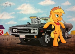 Size: 1280x928 | Tagged: safe, artist:jet-ann, character:applejack, species:pony, bipedal, car, dodge charger, fast and furious, female, solo, traditional art