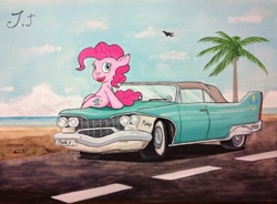 Size: 1600x1175 | Tagged: safe, artist:jet-ann, character:pinkie pie, beach, car, female, solo, traditional art