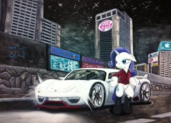 Size: 1600x1148 | Tagged: safe, artist:jet-ann, character:rarity, character:sonic the hedgehog, species:pony, bipedal, boots, car, city, clothing, crossover, energy drink, female, graffiti, hoodie, lapfox trax, porsche, porsche 918, porsche 918 rsr, red bull, solo, sonic the hedgehog (series), supercar, traditional art, urban