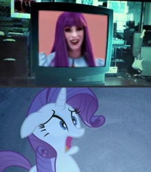 Size: 631x719 | Tagged: safe, artist:rene-owen, character:rarity, character:twilight sparkle, species:human, my little pony:equestria girls, clothing, cosplay, costume, eqg el show en vivo, horrified, irl, irl human, meme, photo, television, the ring