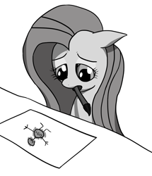 Size: 1936x2256 | Tagged: safe, artist:waffleberry, character:fluttershy, black and white, cyrillic, disappointed, dissatisfied, drawing, female, first you draw a circle, floppy ears, grayscale, looking down, monochrome, paintbrush, paper, russian, sad, simple background, solo, stick figure, white background