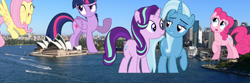 Size: 1920x640 | Tagged: safe, artist:logan859, character:fluttershy, character:pinkie pie, character:starlight glimmer, character:trixie, character:twilight sparkle, character:twilight sparkle (alicorn), species:alicorn, species:pony, australia, counterparts, giant pony, giant starlight glimmer, irl, macro, magical trio, mega trixie, mega twilight sparkle, photo, ponies in real life, sydney, twilight's counterparts