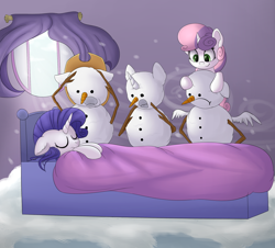 Size: 2000x1804 | Tagged: safe, artist:vanillaghosties, character:rarity, character:sweetie belle, species:pony, species:unicorn, bed, bedroom, blanket, calvin and hobbes, clothing, cowboy hat, curtains, eyes closed, female, filly, hat, indoors, mare, prank, reference, sisters, sleeping, snow, snowman, snowpony, stetson, window, winter