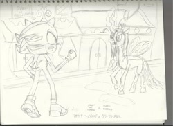 Size: 1024x744 | Tagged: safe, artist:infinityr319, character:queen chrysalis, canterlot, crossover, fight, pencil drawing, shadow the hedgehog, sonic the hedgehog (series), traditional art