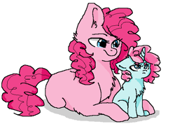 Size: 606x453 | Tagged: safe, artist:moonabelle, character:pinkie pie, oc, parent:party favor, parent:pinkie pie, parents:partypie, chest fluff, female, filly, mama pinkie, missing cutie mark, offspring, simple background, white background
