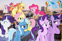 Size: 3872x2592 | Tagged: safe, artist:logan859, character:apple bloom, character:applejack, character:fluttershy, character:pinkie pie, character:rainbow dash, character:rarity, character:scootaloo, character:starlight glimmer, character:sweetie belle, character:trixie, character:twilight sparkle, character:twilight sparkle (alicorn), species:alicorn, species:pony, alaska, anchorage, counterparts, cutie mark crusaders, giant pony, irl, macro, magical trio, mane six, photo, ponies in real life, twilight's counterparts