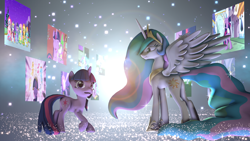Size: 3000x1687 | Tagged: safe, artist:vinuldash, character:applejack, character:fluttershy, character:pinkie pie, character:princess celestia, character:rainbow dash, character:rarity, character:spike, character:twilight sparkle, episode:friendship is magic, episode:magical mystery cure, episode:sweet and elite, episode:the best night ever, g4, my little pony: friendship is magic, 3d, celestia's ballad, clothing, dress, gala dress, hug, mane seven, mane six, princess celestia's special princess making dimension, raised hoof, scene interpretation, smiling, source filmmaker, sparkles, spread wings, wings