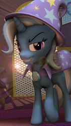 Size: 1125x2000 | Tagged: safe, artist:vinuldash, character:trixie, species:pony, species:unicorn, 3d, clothing, equestrian flag, female, lens flare, mare, smirk, solo, trixie's cape, trixie's hat, walking