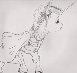 Size: 2103x2013 | Tagged: safe, artist:mackeroth, character:twilight sparkle, alternate hairstyle, boots, cloak, clothing, cyborg, female, hoodie, lineart, solo, traditional art