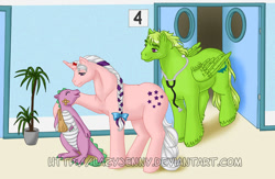 Size: 800x523 | Tagged: safe, artist:lazyjenny, character:spike (g1), oc, species:dragon, species:pegasus, species:pony, species:unicorn, g1, arm sling, bandaid, bow, braid, clothing, colored claws, female, hair bow, hat, injured, male, mare, nurse hat, obtrusive watermark, spikelove, stallion, stethoscope, trio, watermark