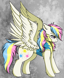 Size: 695x852 | Tagged: safe, artist:moonabelle, oc, oc only, oc:firework, parent:firefly, parent:surprise, parents:fireprise, species:pegasus, species:pony, big wings, female, magical lesbian spawn, mare, offspring, solo, wings, wonderbolt trainee uniform