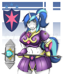 Size: 656x771 | Tagged: safe, artist:jimjamdoodles, character:shining armor, species:anthro, abs, armor, badass, belly button, big breasts, breasts, busty gleaming shield, female, gleaming shield, hammer, ponytail, rule 63, smiling, solo, story in the source, thighs, unconvincing armor, war hammer, weapon, wide hips