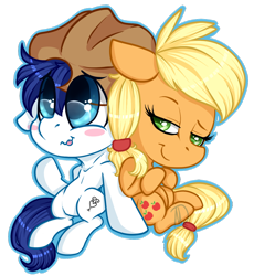 Size: 1024x1111 | Tagged: safe, artist:mdragonflame, character:applejack, oc, oc:constance everheart, big eyes, blushing, canon x oc, chibi, everjack, shipping