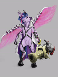 Size: 2074x2765 | Tagged: safe, artist:mackeroth, character:twilight sparkle, character:twilight sparkle (alicorn), species:alicorn, species:pony, species:unicorn, amputee, augmented, biohacking, bipedal, boots, cloak, clothing, cyborg, exosuit, featureless crotch, female, laser, muscles, prosthetic limb, prosthetic wing, prosthetics, scarred, simple background, solo
