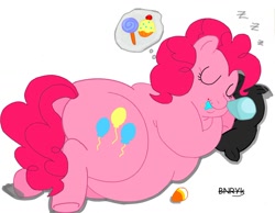 Size: 1280x993 | Tagged: safe, artist:bunearyk, character:pinkie pie, species:earth pony, species:pony, fat, female, mare, obese, piggy pie, pillow, pudgy pie, sleeping, snot bubble, solo, zzz
