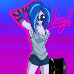 Size: 1440x1440 | Tagged: safe, artist:imskull, character:dj pon-3, character:vinyl scratch, species:human, armpits, clothing, female, gloves, humanized, pink floyd, record, solo, the dark side of the moon