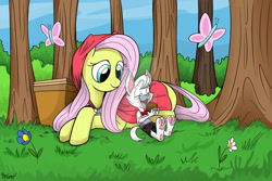 Size: 1024x683 | Tagged: safe, artist:greycat-rademenes, character:fluttershy, oc, oc:dr. wolf, species:pegasus, species:pony, basket, butterfly, crossed hooves, duo, food, forest, grass, head turn, hood, hooded cape, little red riding hood, looking at something, muffin, parody, prone, watermark