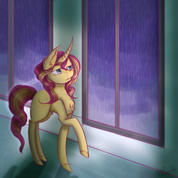 Size: 3850x3850 | Tagged: safe, artist:zombiecupcake101, character:sunset shimmer, species:pony, chest fluff, colored pupils, curved horn, ear fluff, female, indoors, missing cutie mark, rain, raised hoof, shadow, signature, solo, walking, window