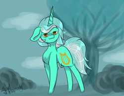 Size: 3850x2975 | Tagged: safe, artist:zombiecupcake101, character:lyra heartstrings, species:pony, species:unicorn, big ears, bush, chest fluff, cloud, cloudy, female, floppy ears, fluffy, long horn, mare, signature, smiling, solo, tree