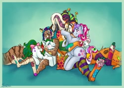 Size: 1250x892 | Tagged: safe, artist:penanggalan, character:baby gusty, character:sweet stuff, non-mlp oc, oc, oc:vera, species:pony, species:twinkle eyed pony, g1, cuddling, holding a pony, hug