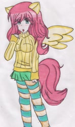 Size: 570x960 | Tagged: safe, artist:bumblebee358, character:fluttershy, species:human, clothing, eared humanization, female, humanized, short shirt, socks, soft color, solo, striped socks, sweater, sweatershy, tailed humanization, traditional art, winged humanization, wings
