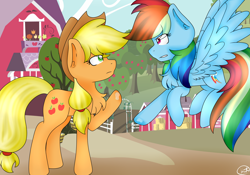 Size: 4102x2870 | Tagged: safe, artist:cosmiickatie, character:applejack, character:rainbow dash, absurd resolution, chest fluff, clothing, competition, cowboy hat, eye contact, floating, hat, iron pony, looking at each other, profile, raised hoof, signature, spit, spread wings, stetson, sweet apple acres, wings