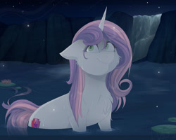 Size: 1000x800 | Tagged: safe, artist:mrgdog, character:sweetie belle, species:pony, species:unicorn, cheek fluff, chest fluff, cute, female, lake, lily pad, mare, night, older, older sweetie belle, smiling, solo, water, waterfall, wet, wet mane