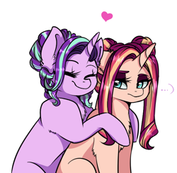 Size: 674x657 | Tagged: safe, artist:moonabelle, character:starlight glimmer, oc, oc:midnight abyss, parent:starlight glimmer, parent:sunset shimmer, parents:shimmerglimmer, species:pony, species:unicorn, pandoraverse, ..., chest fluff, duo, ear fluff, eyes closed, female, heart, hug, magical lesbian spawn, mare, mother and daughter, offspring, simple background, white background