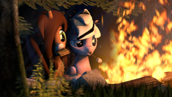Size: 1920x1080 | Tagged: safe, artist:obsidianocelot, oc, oc only, oc:lavender, oc:savannah reed, species:pony, 3d, bonfire, female, food, mare, marshmallow, mouth hold, s'mores