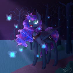 Size: 3850x3850 | Tagged: dead source, safe, artist:zombiecupcake101, character:princess luna, species:alicorn, species:pony, colored pupils, curved horn, fairy, female, forest, grass field, moonlight, night, open mouth, path, scenery, signature, smiling, solo