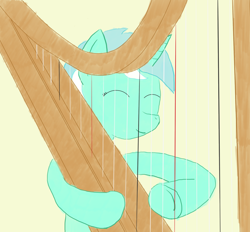 Size: 1280x1190 | Tagged: safe, artist:downhillcarver, artist:downhillcarver-art, character:lyra heartstrings, species:pony, species:unicorn, eyes closed, female, harp, musical instrument, smiling, solo, underhoof