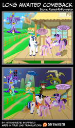 Size: 2750x4706 | Tagged: safe, artist:skipper01, artist:str1ker878, character:fluttershy, character:lyra heartstrings, character:princess cadance, character:princess flurry heart, character:roseluck, character:shining armor, character:soarin', character:spitfire, character:twilight sparkle, character:twilight sparkle (alicorn), species:alicorn, species:dragon, species:earth pony, species:pegasus, species:pony, species:unicorn, absurd resolution, alien abduction, ape, baby, baby pony, bipedal, butt, comic, donkey kong, female, filly, flurry heart ruins everything, flying saucer, foal, hilarious in hindsight, implied human, king ghidorah, king kong, male, mare, meme, multiple heads, plot, ponies riding dragons, ponyville town hall, pun, riding, stallion, three heads, tractor beam, twilight's castle, ufo, wonderbolts, zmey