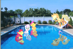 Size: 1667x1117 | Tagged: safe, artist:pangbot, character:apple bloom, character:applejack, character:scootaloo, character:sweetie belle, cutie mark crusaders, irl, photo, ponies in real life, swimming, swimming pool, water
