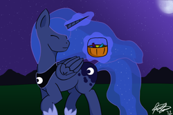 Size: 3600x2400 | Tagged: safe, artist:amnease, character:princess luna, species:alicorn, species:pony, basket, candy, eyes closed, female, glowing horn, hoof shoes, magic, night, nightmare night, pumpkin bucket, signature, solo, telekinesis, trick or treat