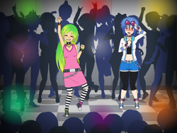 Size: 2000x1500 | Tagged: safe, artist:kathara_khan, character:dj pon-3, character:lemon zest, character:vinyl scratch, my little pony:equestria girls, armpits, belly button, blushing, choker, clothing, converse, crush, crystal prep shadowbolts, dancing, devil horn (gesture), dress, ear piercing, earring, female, headphones, jacket, jewelry, kisekae, knees weak, leggings, lemonscratch, lesbian, love at first sight, midriff, party, piercing, shipping, shoes, shorts, shut up and dance, silhouette, sneakers, socks, spiked choker, spiked wristband, striped socks, sunglasses, tank top, walk the moon, wristband