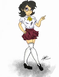 Size: 1300x1700 | Tagged: safe, artist:bumblebee358, oc, oc only, oc:solaria, species:human, clothing, commission, cute, glasses, humanized, humanized oc, kneesocks, necktie, ocbetes, pleated skirt, shoes, skirt, socks, solo, thigh highs, zettai ryouiki