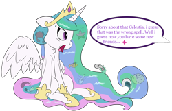 Size: 1700x1100 | Tagged: safe, artist:twittershy, character:princess celestia, species:alicorn, species:pony, dialogue, fish, implied twilight sparkle, offscreen character, open mouth, puffer fish, simple background, sitting, speech bubble, spell gone wrong, starfish, transparent background