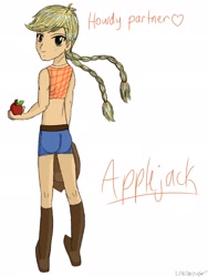Size: 1536x2048 | Tagged: safe, artist:psshdjndofnsjdkan, character:applejack, species:human, alternate hairstyle, apple, applebutt, clothing, daisy dukes, female, food, humanized, midriff, pigtails, shorts, solo