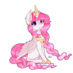 Size: 3850x3850 | Tagged: safe, artist:zombiecupcake101, character:princess celestia, species:alicorn, species:pony, cewestia, cute, cutelestia, female, filly, pink-mane celestia, sitting, smiling, solo, wavy mouth, younger
