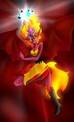 Size: 1560x2560 | Tagged: safe, artist:imskull, character:sunset satan, character:sunset shimmer, g4, my little pony:equestria girls, big crown thingy, black sclera, clothing, demon, element of magic, female, jewelry, magic, regalia, solo, sunset satan, torn clothes