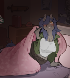 Size: 1280x1422 | Tagged: safe, artist:paperclip, oc, oc only, oc:racket rhine, species:anthro, species:bat pony, species:pony, bed, bedroom, bedsheets, blushing, clothing, covers, cute, female, inviting, jacket, mare, midriff, pants, pillow, plump, poster, shirt, smiling, solo, sword, thick, weapon, wide hips