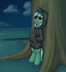 Size: 1007x1100 | Tagged: safe, artist:lurarin, character:lyra heartstrings, species:pony, species:unicorn, fanfic:background pony, background pony, bipedal, clothing, cloud, female, frown, hoodie, looking up, mare, night, no catchlights, outdoors, ponies wearing black, solo, stars, tree