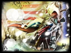 Size: 2000x1500 | Tagged: safe, artist:dishwasher1910, assassin's creed, assassin's creed iii, bow (weapon), connor kenway, crossover, ponified, sword, tomahawk, weapon