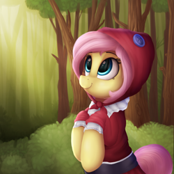 Size: 2000x2000 | Tagged: safe, artist:vanillaghosties, character:fluttershy, species:pegasus, species:pony, bipedal, clothing, crossover, cute, female, forest, hood, hooves to the chest, little red riding hood, outdoors, shyabetes, skirt, smiling, solo, three quarter view