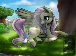 Size: 1200x886 | Tagged: safe, artist:chubby-kirin, character:angel bunny, character:fluttershy, species:pegasus, species:pony, species:rabbit, animal, cloud, female, grass, looking at each other, mare, prone, shade, sku, tree, underhoof, water, wings