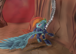 Size: 2450x1750 | Tagged: safe, artist:skyresonance, character:rainbow dash, episode:the cutie re-mark, g4, my little pony: friendship is magic, alternate timeline, amputee, apocalypse dash, augmented, badass, crystal war timeline, female, fight, gritted teeth, prosthetic limb, prosthetic wing, prosthetics, skidding, soldier, solo